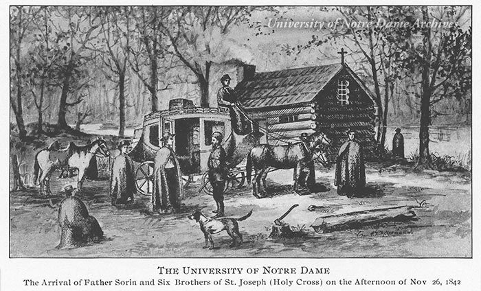Engraving regarding Father Edward Sorin and the Founding of Notre Dame in 1842.  The artist is F.X. Ackermann, who was a faculty member from 1890-1937.