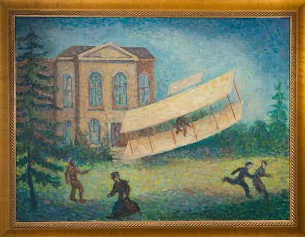 Painting depicting a glider experiment by professor Albert Francis Zahm. The painting which once hung in LaFortune Student Center now hangs in the Hessert Aerospace research building.