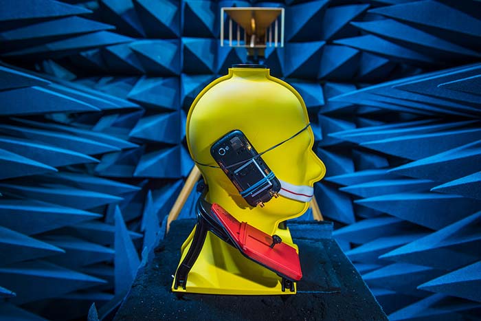 ND Wireless Institute research: A human head model is tested in an anechoic chamber to measure absorption of radiation from cell phone antennae.