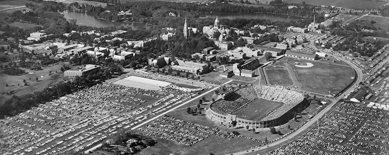 Football Game - Notre Dame vs. Purdue, 1946. Aerial view of campus and the Stadium.
