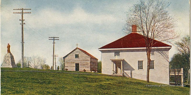 Color postcard of the Founder's Monument, Log Chapel, and Old College, with telephone wires and poles, based on a photograph found in GNDL 6/13, c1906.