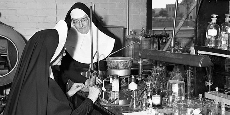 Two nuns in a science laboratory during summer school at the University of Notre Dame, c1950.